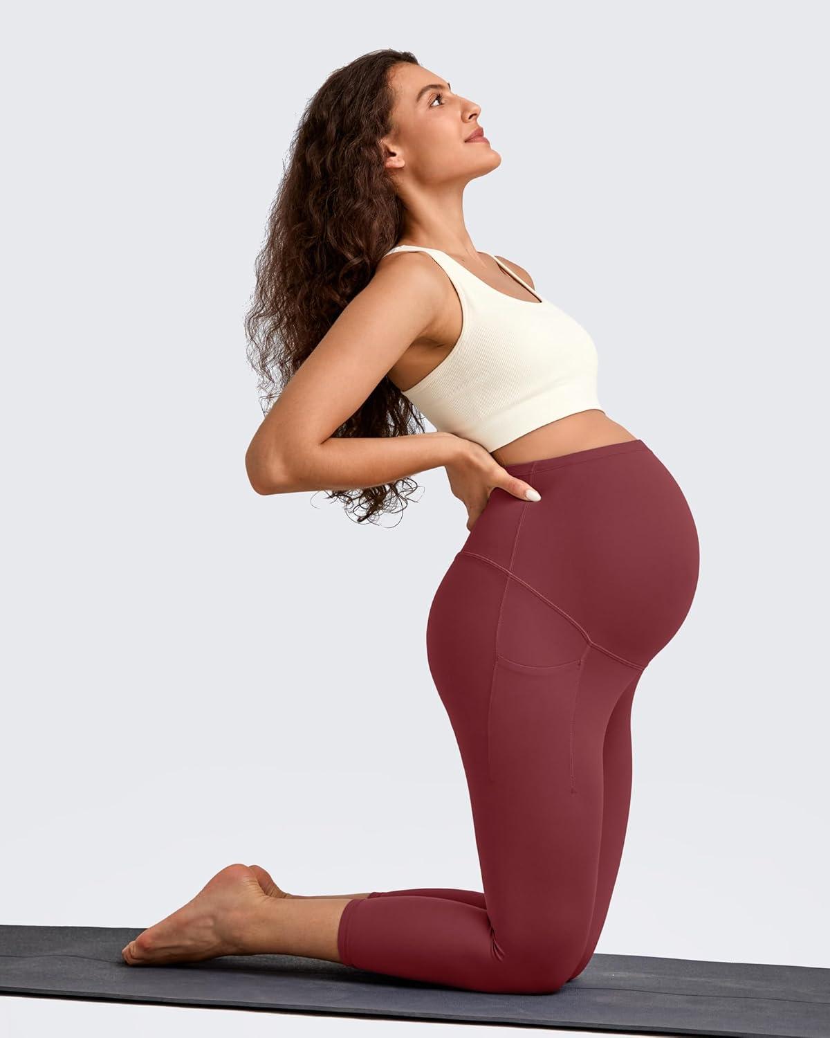 imageG4Free BareFeel Maternity Leggings with Pockets Over The Belly Stretchy Workout Yoga Pregnancy Capri PantsRed