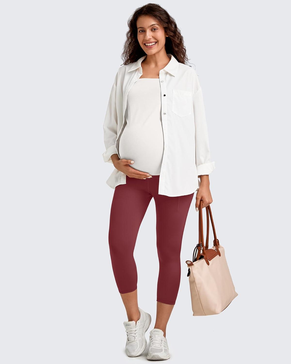 imageG4Free BareFeel Maternity Leggings with Pockets Over The Belly Stretchy Workout Yoga Pregnancy Capri PantsRed