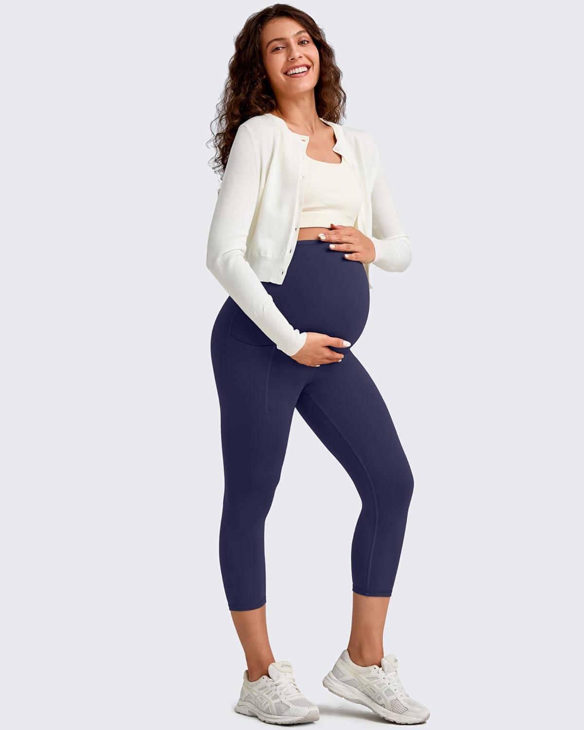 imageG4Free BareFeel Maternity Leggings with Pockets Over The Belly Stretchy Workout Yoga Pregnancy Capri PantsRoyal Blue