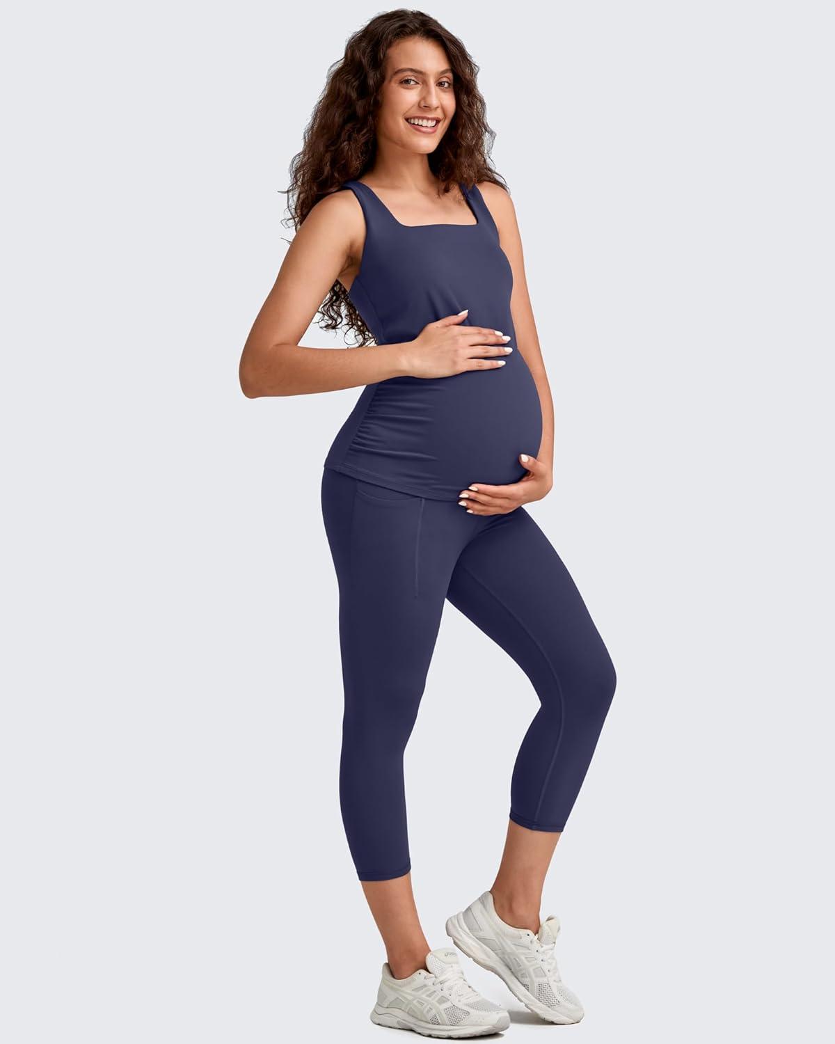 imageG4Free BareFeel Maternity Leggings with Pockets Over The Belly Stretchy Workout Yoga Pregnancy Capri PantsRoyal Blue