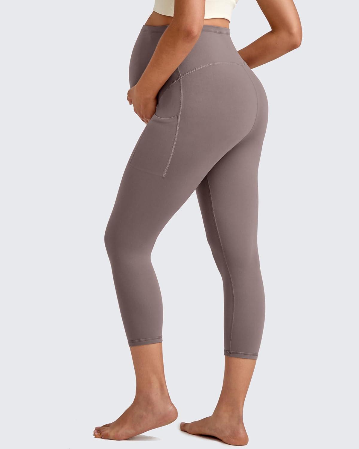imageG4Free BareFeel Maternity Leggings with Pockets Over The Belly Stretchy Workout Yoga Pregnancy Capri PantsTaupe