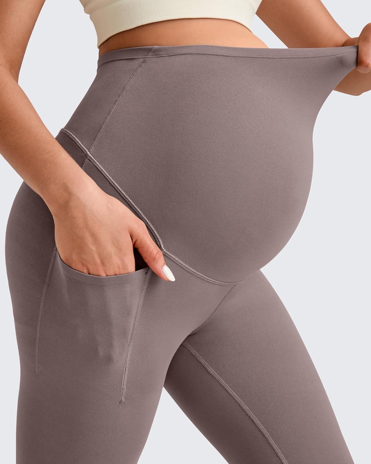 imageG4Free BareFeel Maternity Leggings with Pockets Over The Belly Stretchy Workout Yoga Pregnancy Capri PantsTaupe