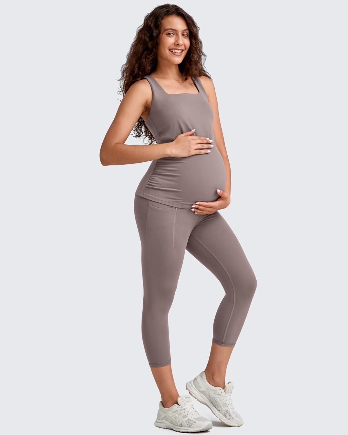 imageG4Free BareFeel Maternity Leggings with Pockets Over The Belly Stretchy Workout Yoga Pregnancy Capri PantsTaupe