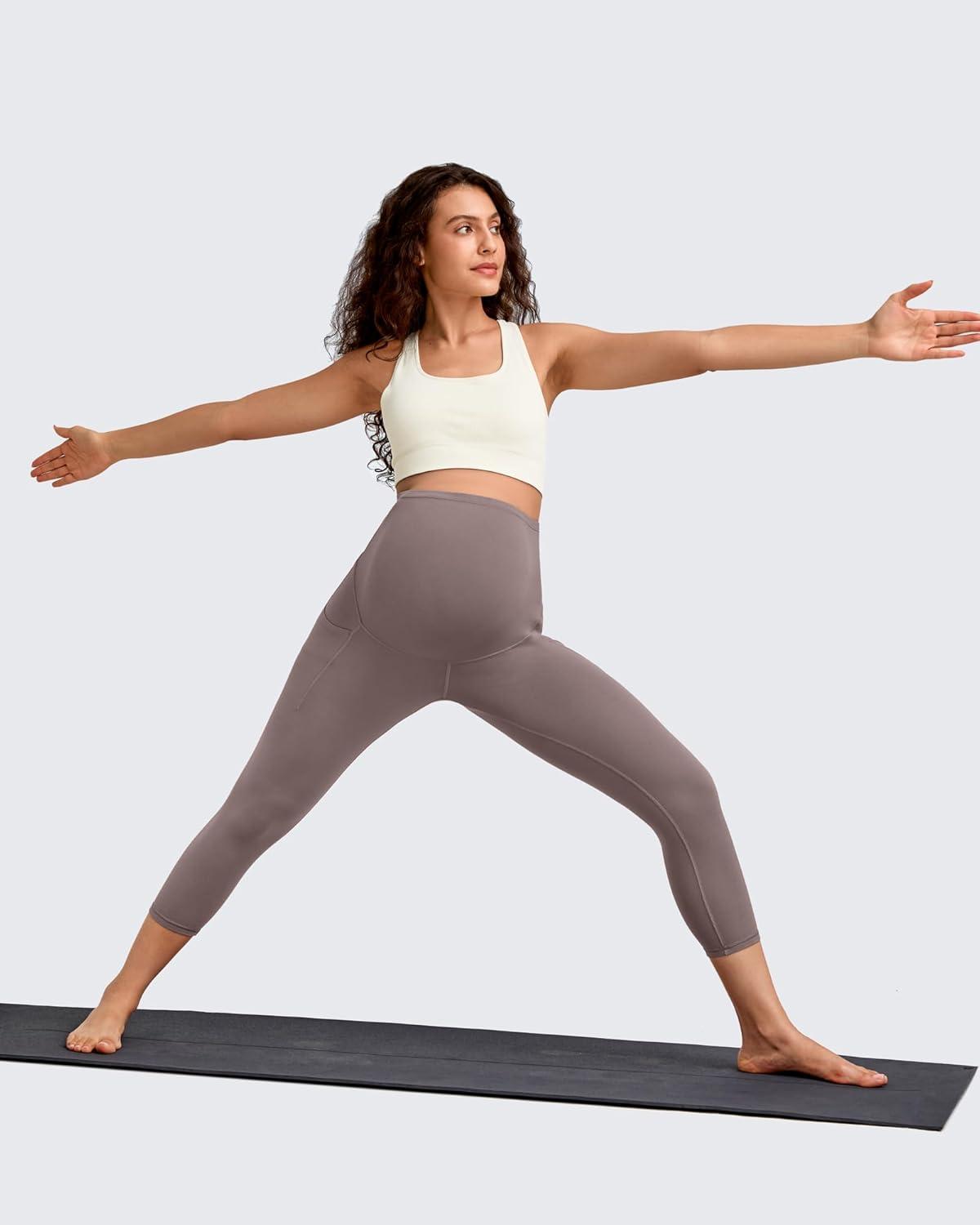 imageG4Free BareFeel Maternity Leggings with Pockets Over The Belly Stretchy Workout Yoga Pregnancy Capri PantsTaupe