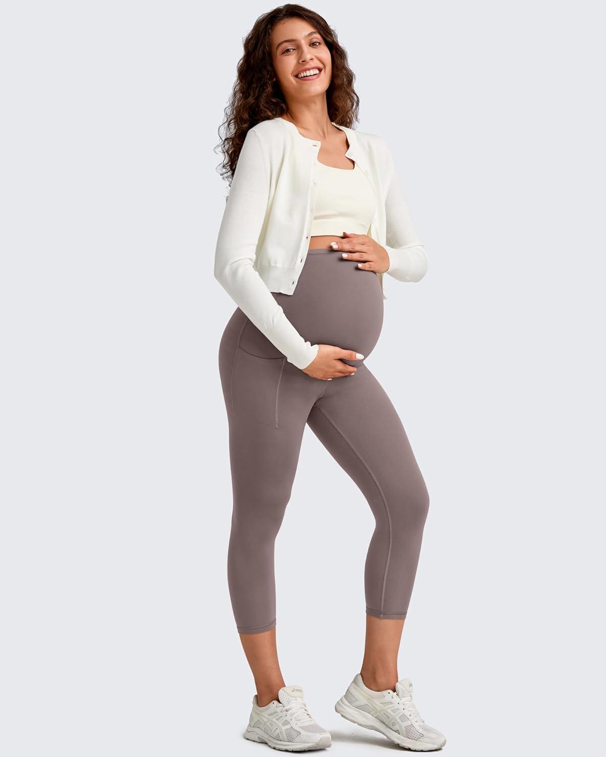 imageG4Free BareFeel Maternity Leggings with Pockets Over The Belly Stretchy Workout Yoga Pregnancy Capri PantsTaupe