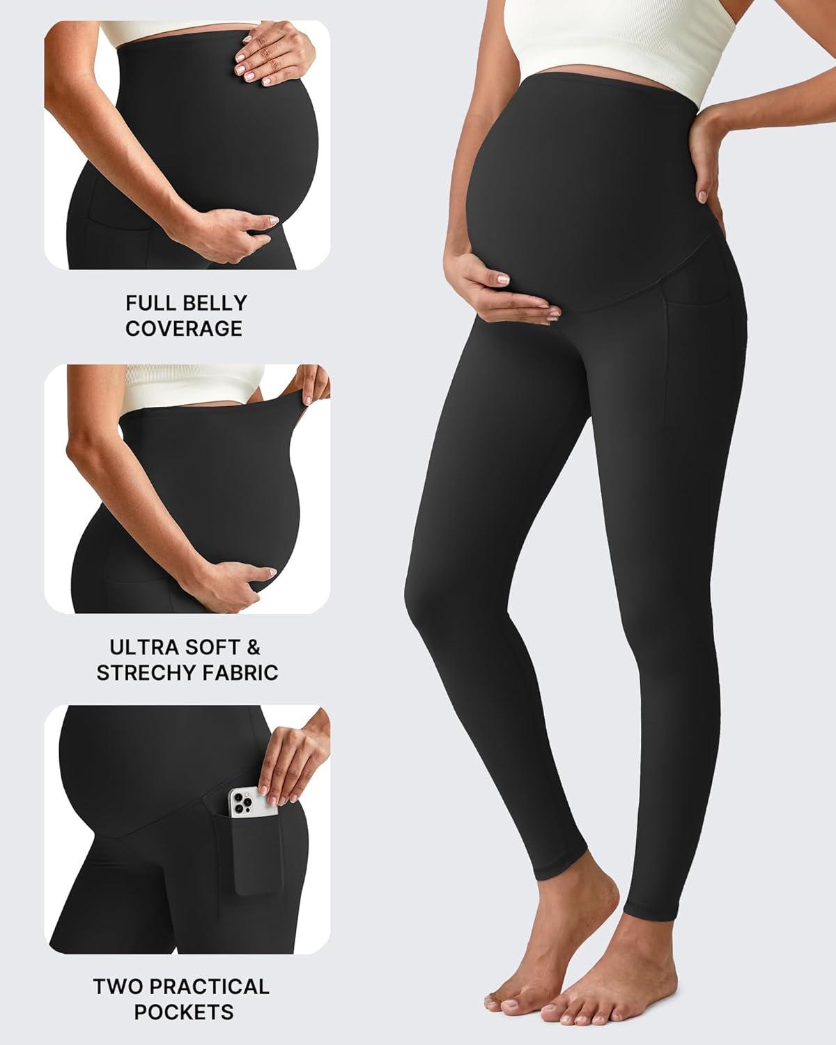 imageG4Free BareFeel Maternity Leggings with Pockets Over The Belly Stretchy Workout Yoga Pregnancy PantsBlack