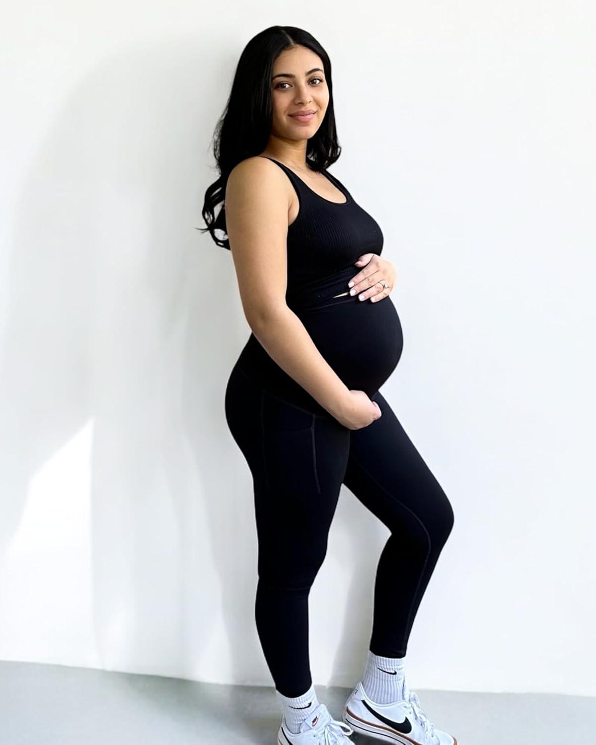 imageG4Free BareFeel Maternity Leggings with Pockets Over The Belly Stretchy Workout Yoga Pregnancy PantsBlack