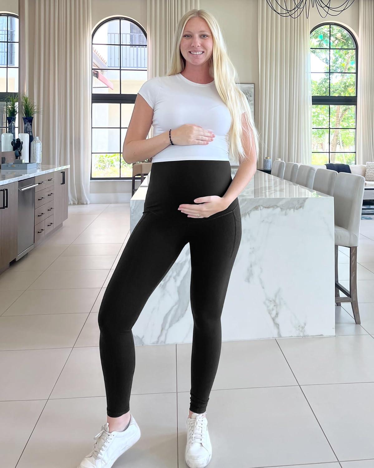 imageG4Free BareFeel Maternity Leggings with Pockets Over The Belly Stretchy Workout Yoga Pregnancy PantsBlack