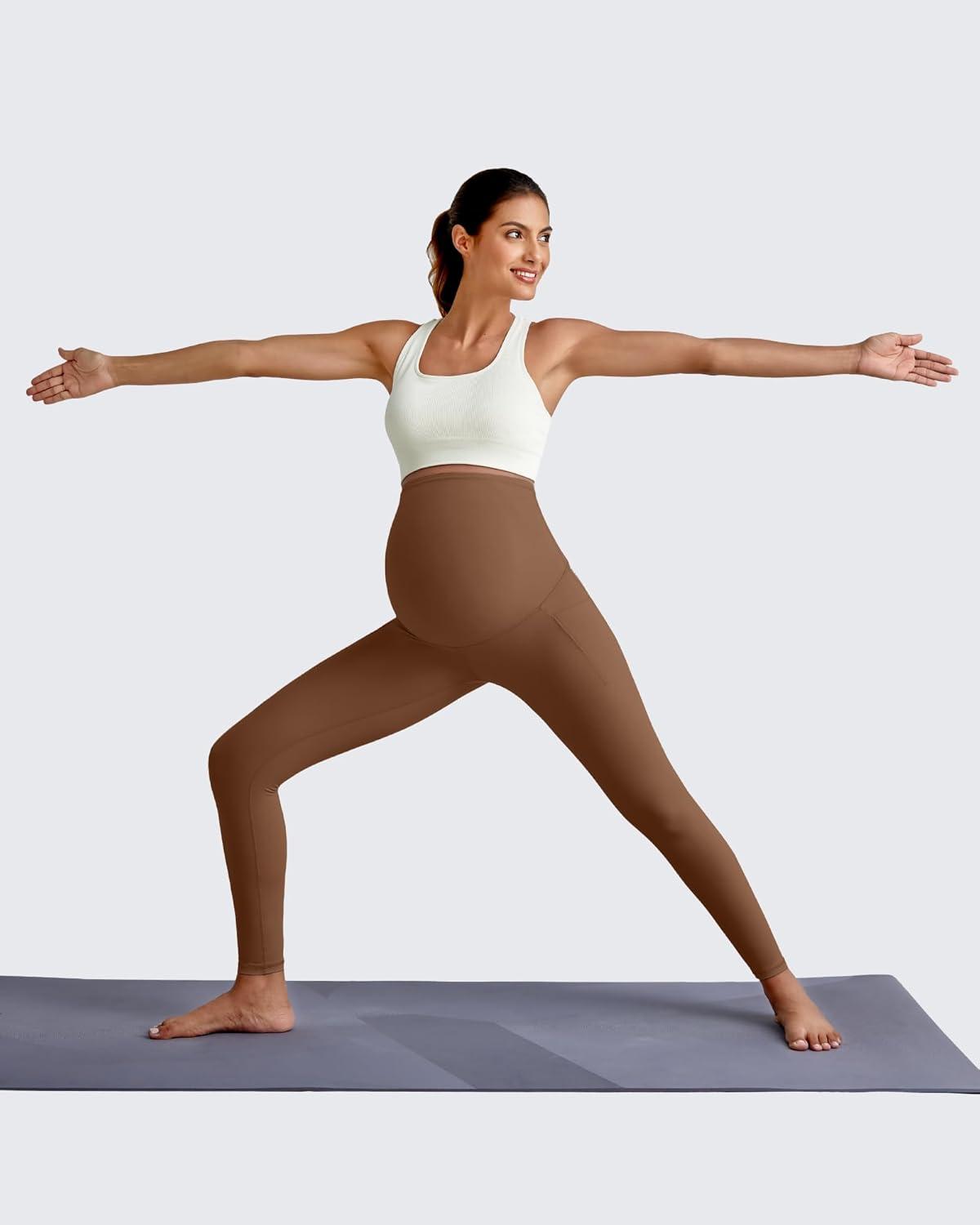 imageG4Free BareFeel Maternity Leggings with Pockets Over The Belly Stretchy Workout Yoga Pregnancy PantsDark Coffee