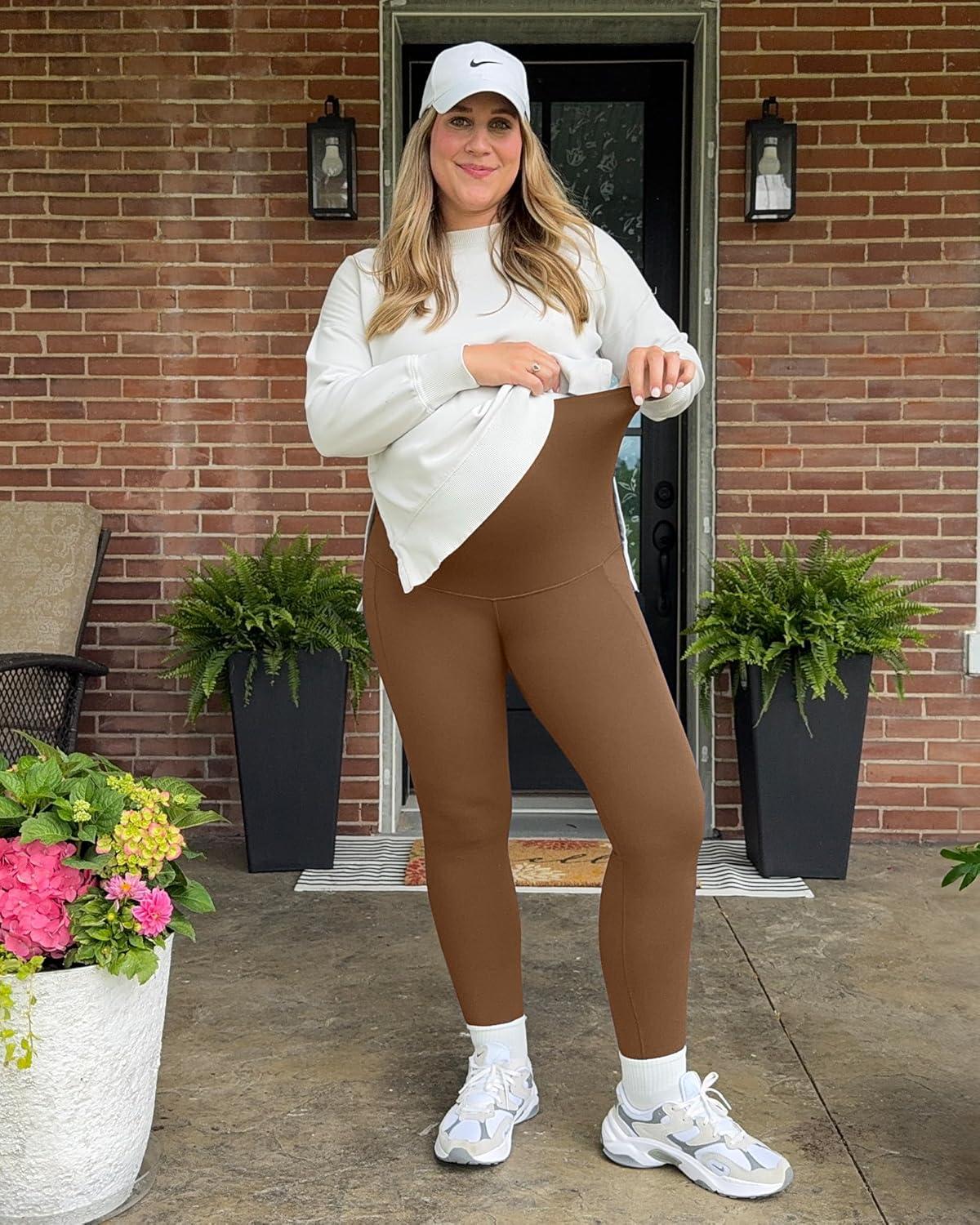 imageG4Free BareFeel Maternity Leggings with Pockets Over The Belly Stretchy Workout Yoga Pregnancy PantsDark Coffee