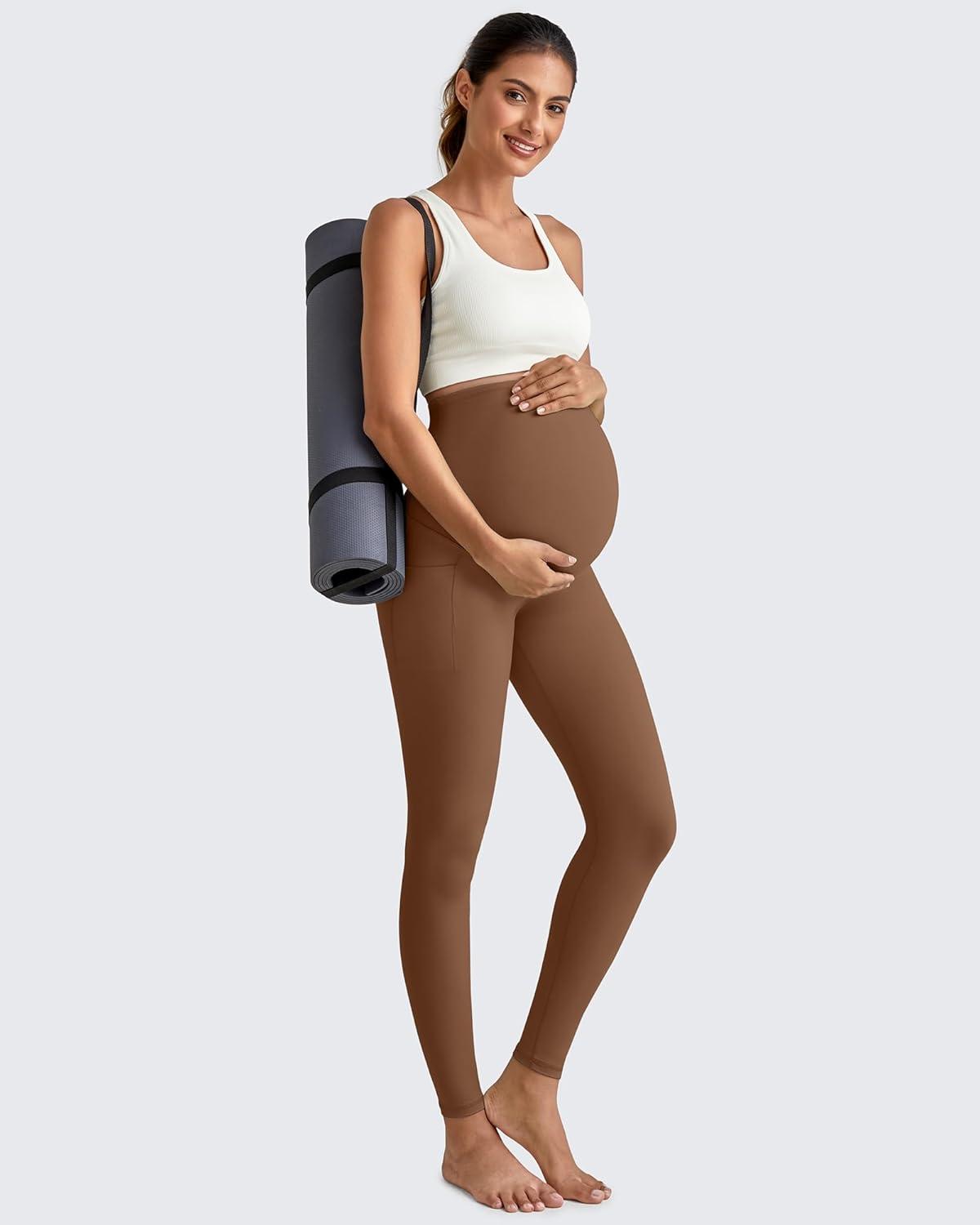 imageG4Free BareFeel Maternity Leggings with Pockets Over The Belly Stretchy Workout Yoga Pregnancy PantsDark Coffee