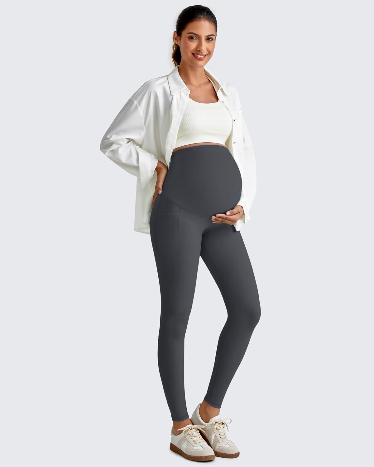 imageG4Free BareFeel Maternity Leggings with Pockets Over The Belly Stretchy Workout Yoga Pregnancy PantsDark Gray