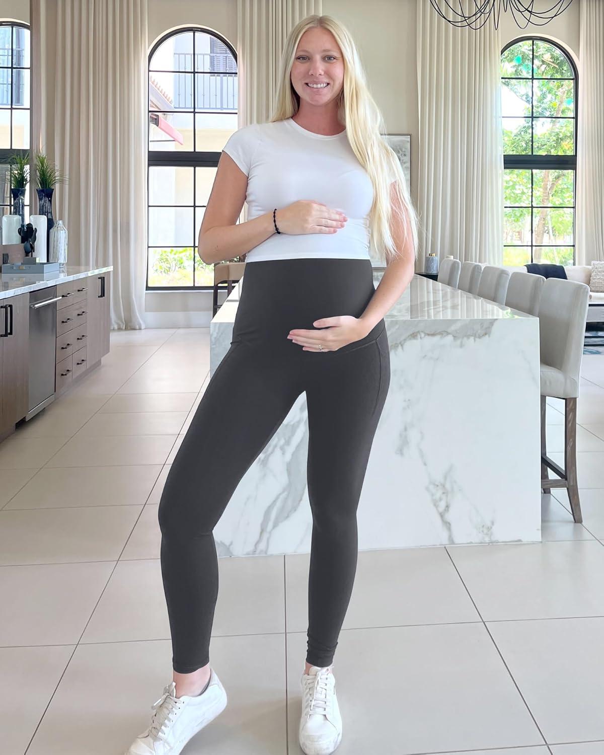 imageG4Free BareFeel Maternity Leggings with Pockets Over The Belly Stretchy Workout Yoga Pregnancy PantsDark Gray