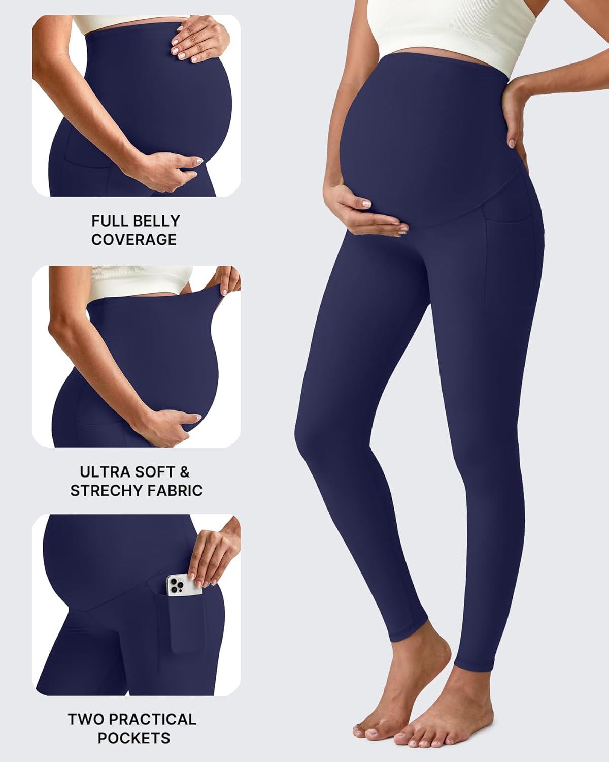 imageG4Free BareFeel Maternity Leggings with Pockets Over The Belly Stretchy Workout Yoga Pregnancy PantsRoyal Blue