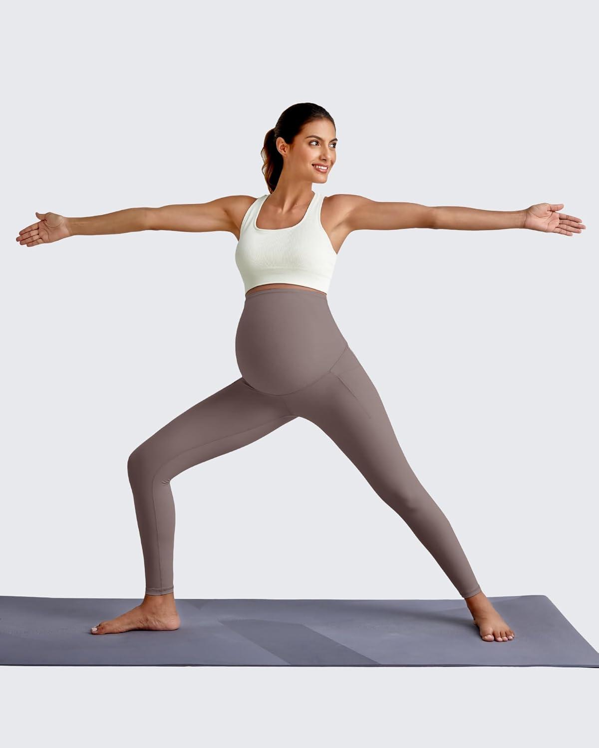 imageG4Free BareFeel Maternity Leggings with Pockets Over The Belly Stretchy Workout Yoga Pregnancy PantsTaupe