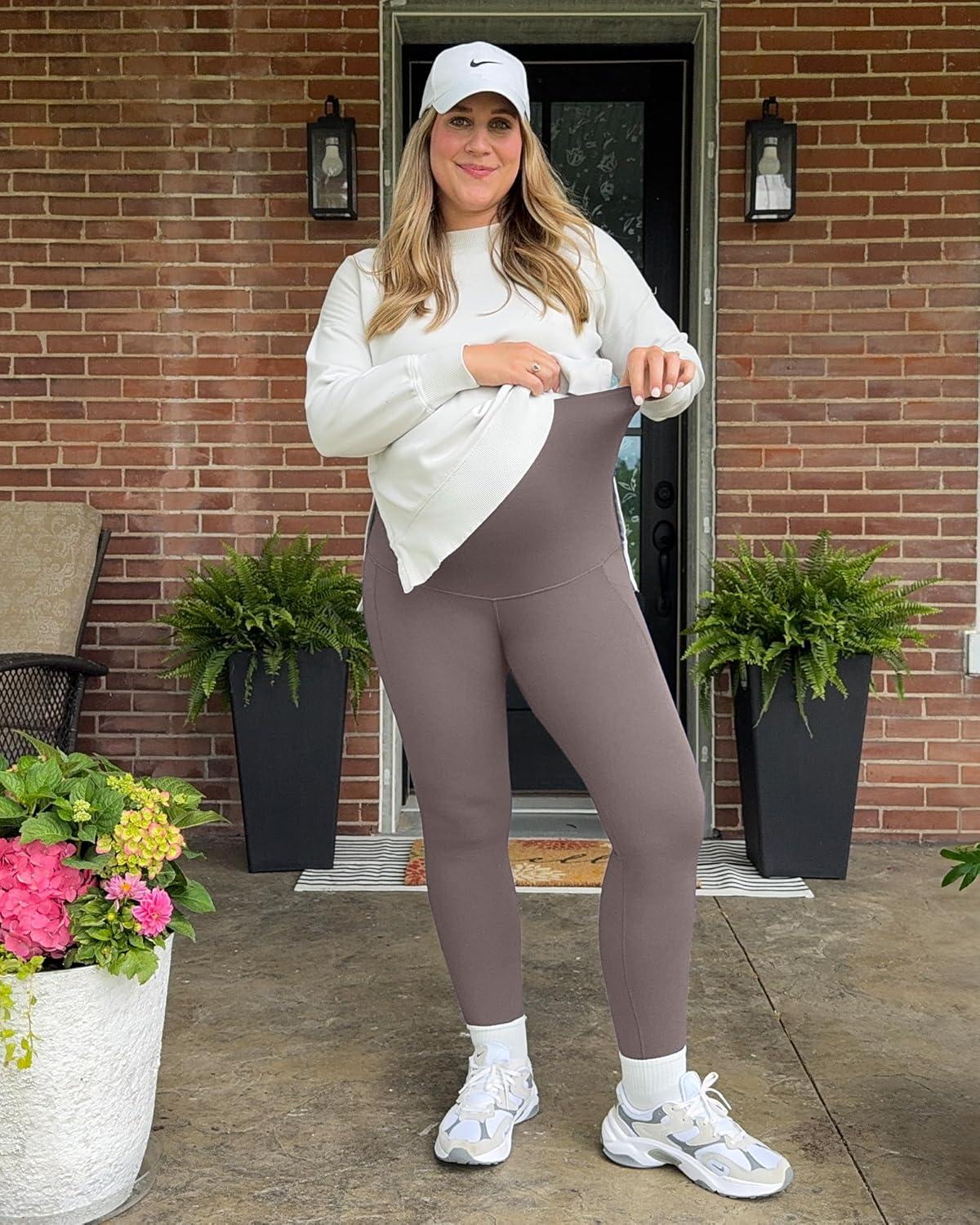 imageG4Free BareFeel Maternity Leggings with Pockets Over The Belly Stretchy Workout Yoga Pregnancy PantsTaupe