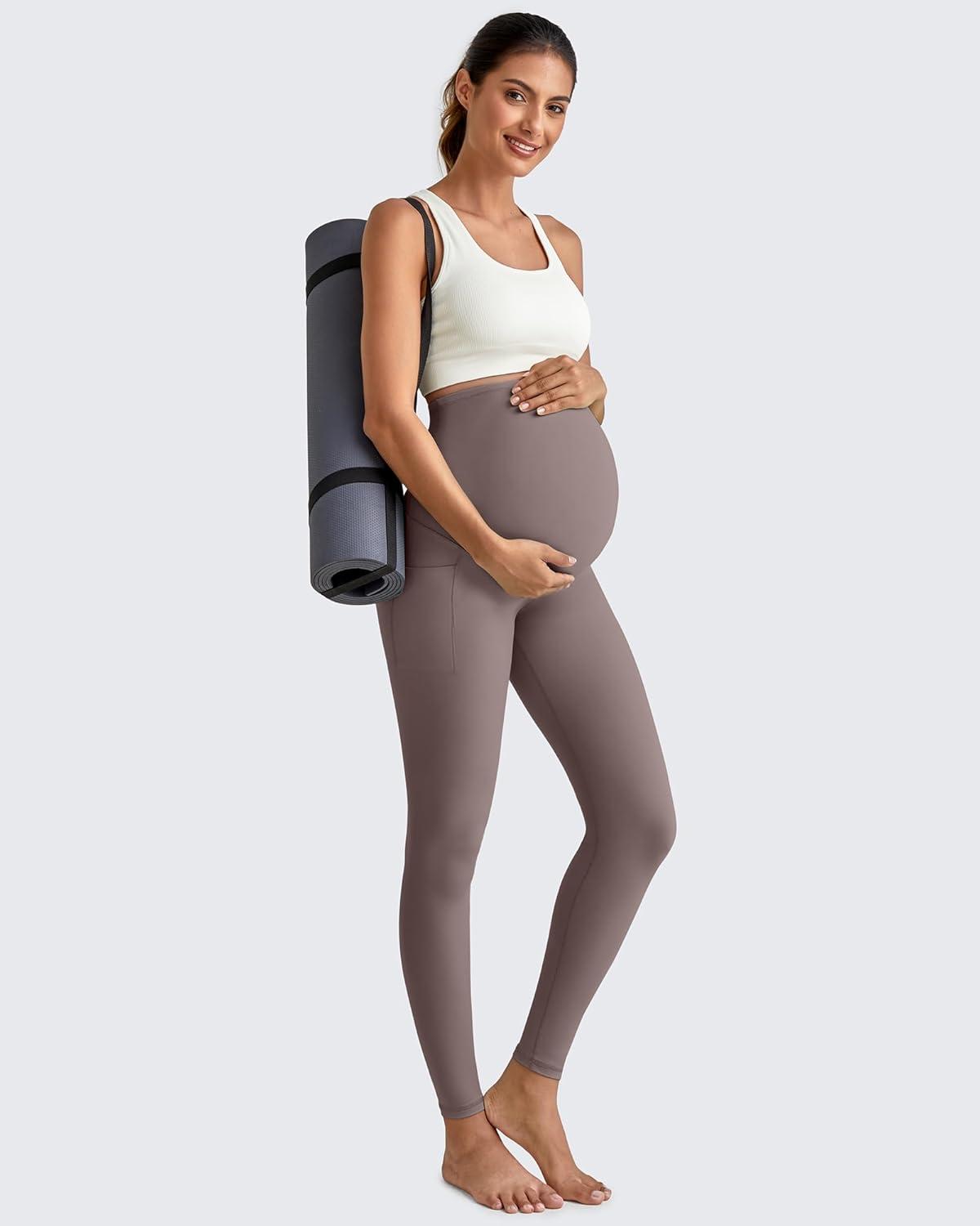 imageG4Free BareFeel Maternity Leggings with Pockets Over The Belly Stretchy Workout Yoga Pregnancy PantsTaupe