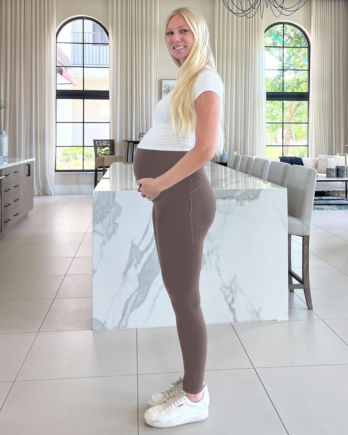 imageG4Free BareFeel Maternity Leggings with Pockets Over The Belly Stretchy Workout Yoga Pregnancy PantsTaupe