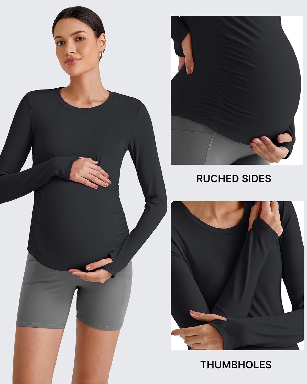 imageG4Free BareFeel Maternity Long Sleeve T Shirts Crewneck Ruches Pregnancy Workout Tops with Thumbholes Altheltic Yoga TeeBlack