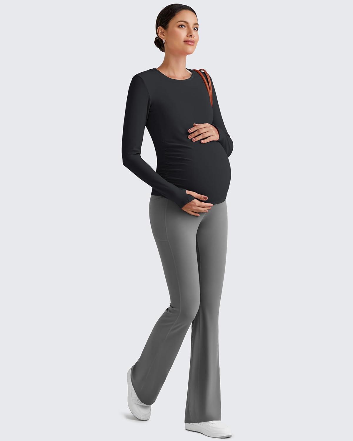 imageG4Free BareFeel Maternity Long Sleeve T Shirts Crewneck Ruches Pregnancy Workout Tops with Thumbholes Altheltic Yoga TeeBlack