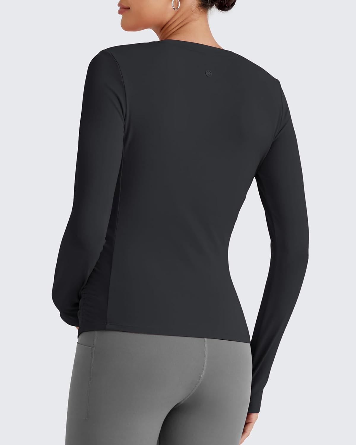 imageG4Free BareFeel Maternity Long Sleeve T Shirts Crewneck Ruches Pregnancy Workout Tops with Thumbholes Altheltic Yoga TeeBlack