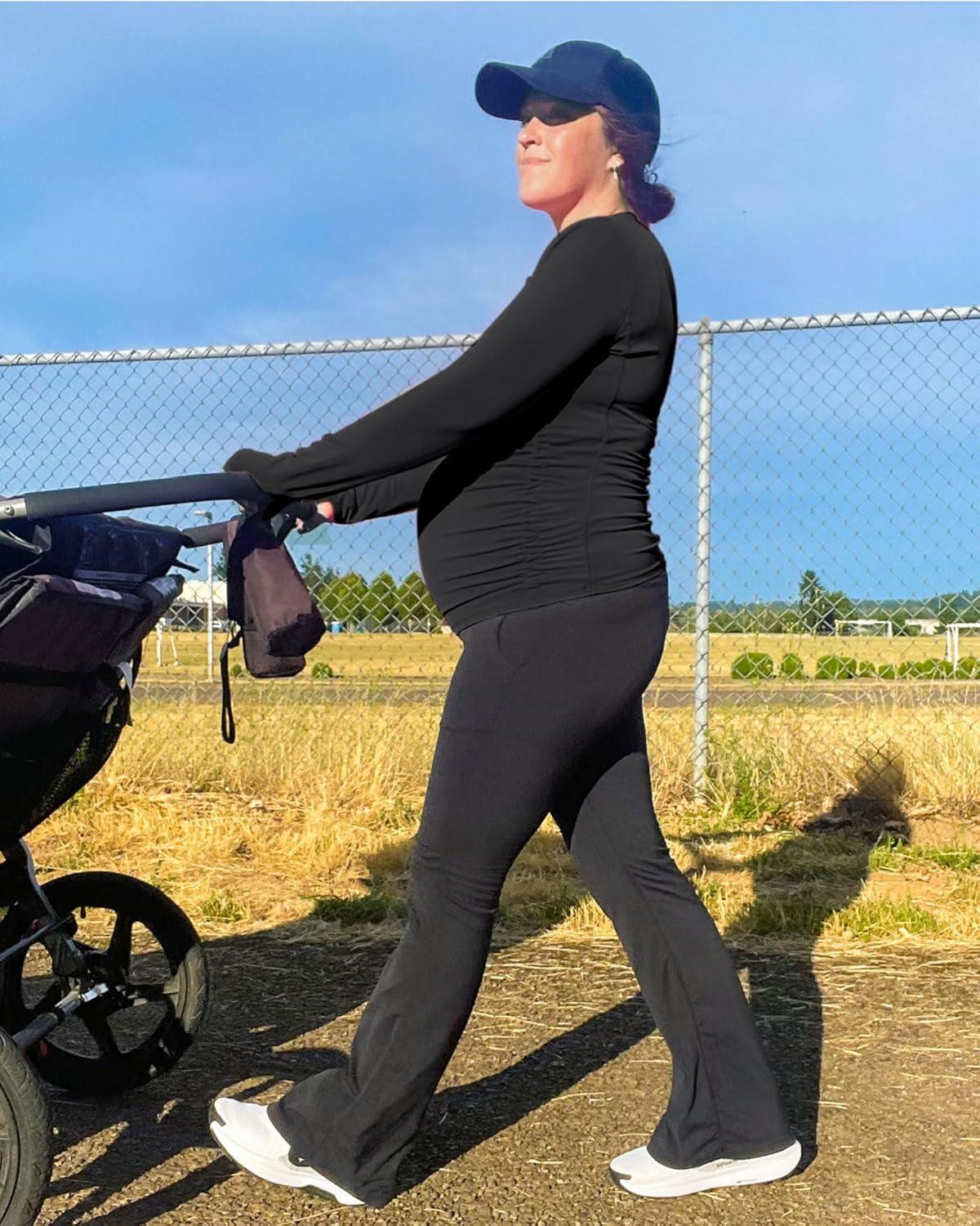 imageG4Free BareFeel Maternity Long Sleeve T Shirts Crewneck Ruches Pregnancy Workout Tops with Thumbholes Altheltic Yoga TeeBlack
