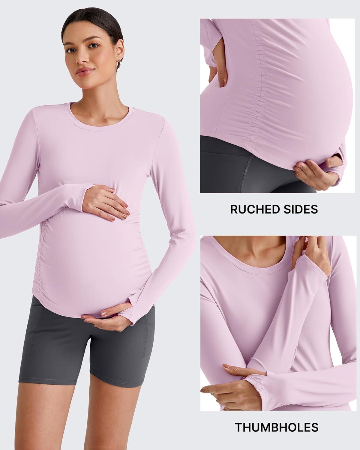 imageG4Free BareFeel Maternity Long Sleeve T Shirts Crewneck Ruches Pregnancy Workout Tops with Thumbholes Altheltic Yoga TeeBlush