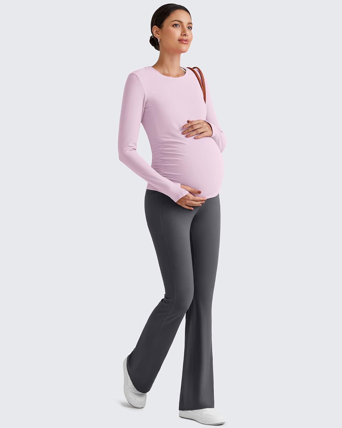 imageG4Free BareFeel Maternity Long Sleeve T Shirts Crewneck Ruches Pregnancy Workout Tops with Thumbholes Altheltic Yoga TeeBlush