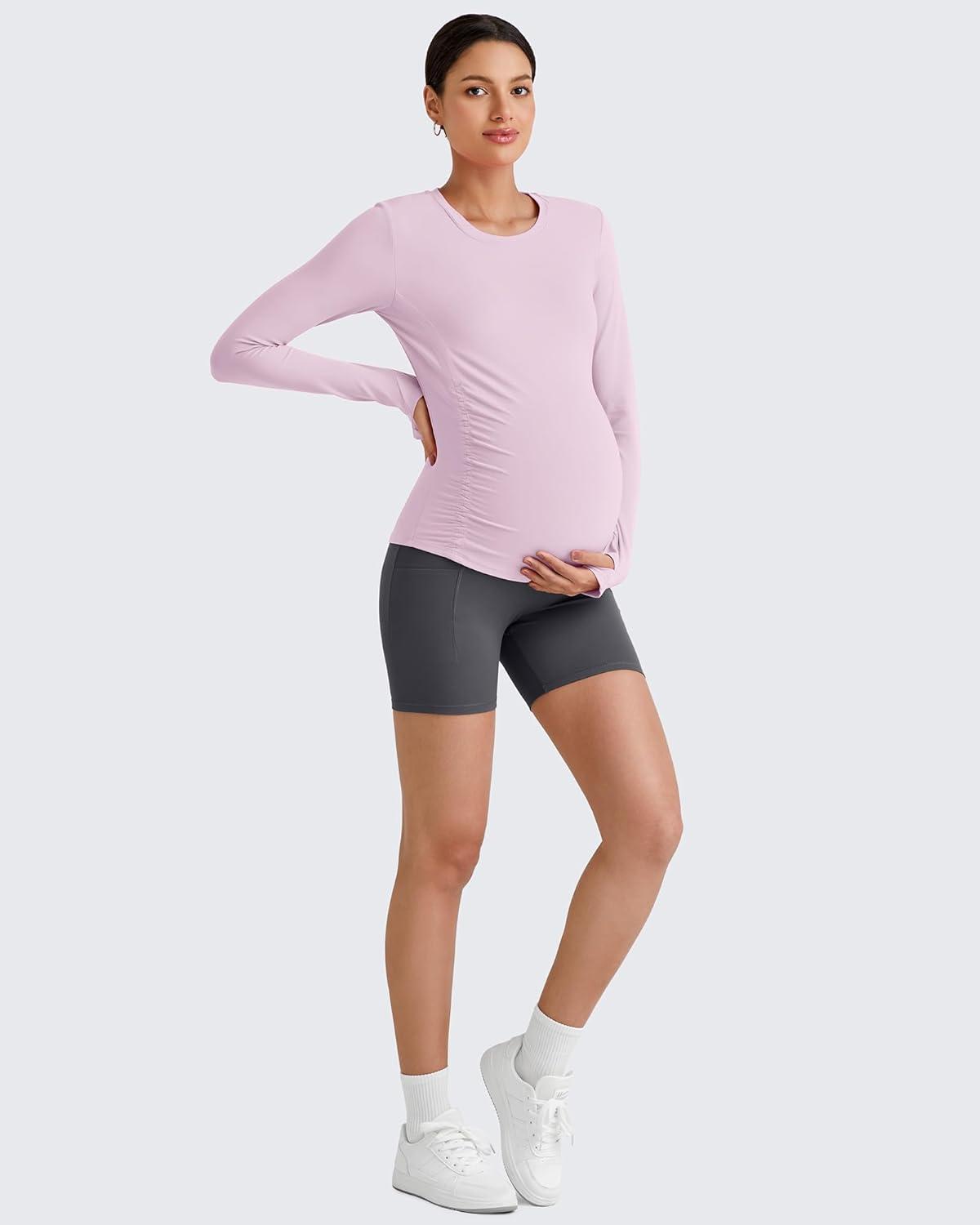 imageG4Free BareFeel Maternity Long Sleeve T Shirts Crewneck Ruches Pregnancy Workout Tops with Thumbholes Altheltic Yoga TeeBlush