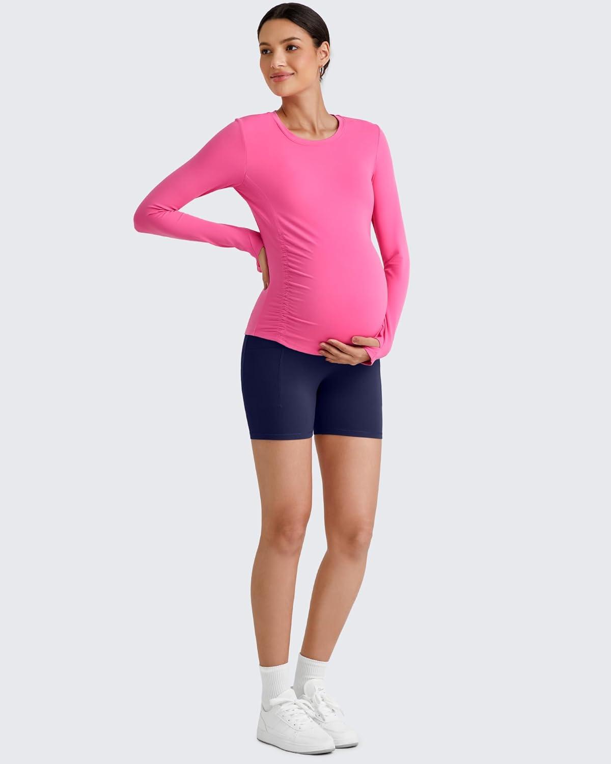 imageG4Free BareFeel Maternity Long Sleeve T Shirts Crewneck Ruches Pregnancy Workout Tops with Thumbholes Altheltic Yoga TeeHot Pink