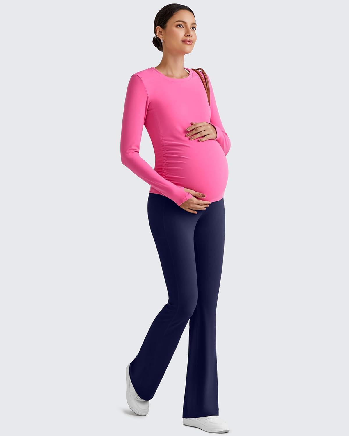 imageG4Free BareFeel Maternity Long Sleeve T Shirts Crewneck Ruches Pregnancy Workout Tops with Thumbholes Altheltic Yoga TeeHot Pink