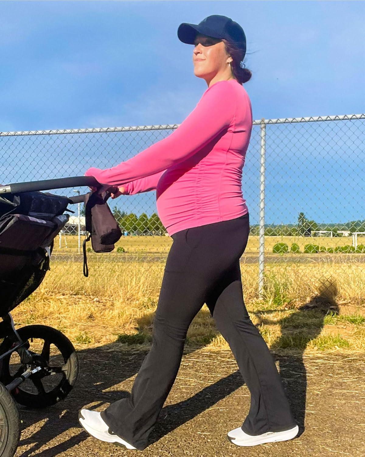 imageG4Free BareFeel Maternity Long Sleeve T Shirts Crewneck Ruches Pregnancy Workout Tops with Thumbholes Altheltic Yoga TeeHot Pink