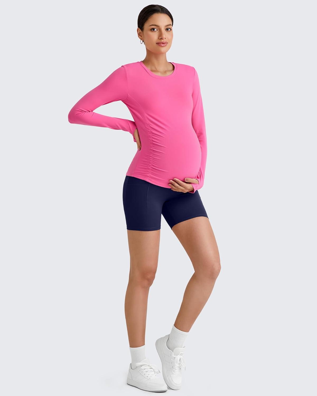 imageG4Free BareFeel Maternity Long Sleeve T Shirts Crewneck Ruches Pregnancy Workout Tops with Thumbholes Altheltic Yoga TeeHot Pink