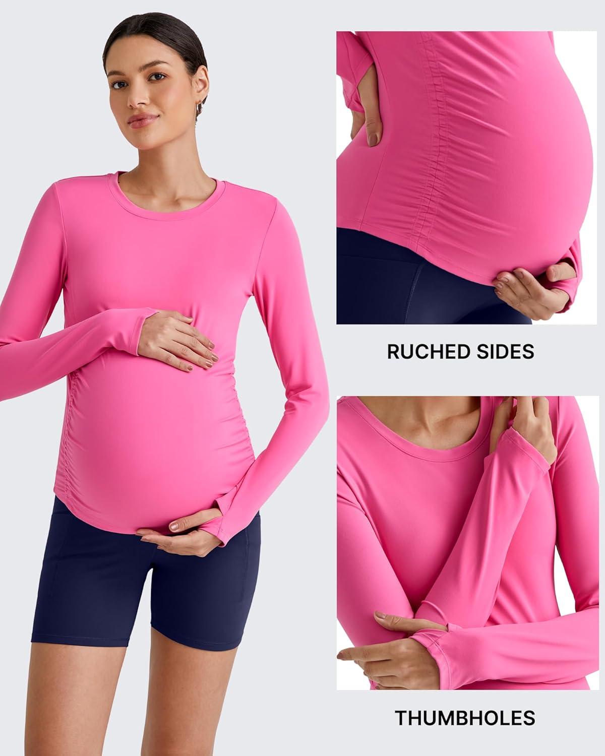imageG4Free BareFeel Maternity Long Sleeve T Shirts Crewneck Ruches Pregnancy Workout Tops with Thumbholes Altheltic Yoga TeeHot Pink