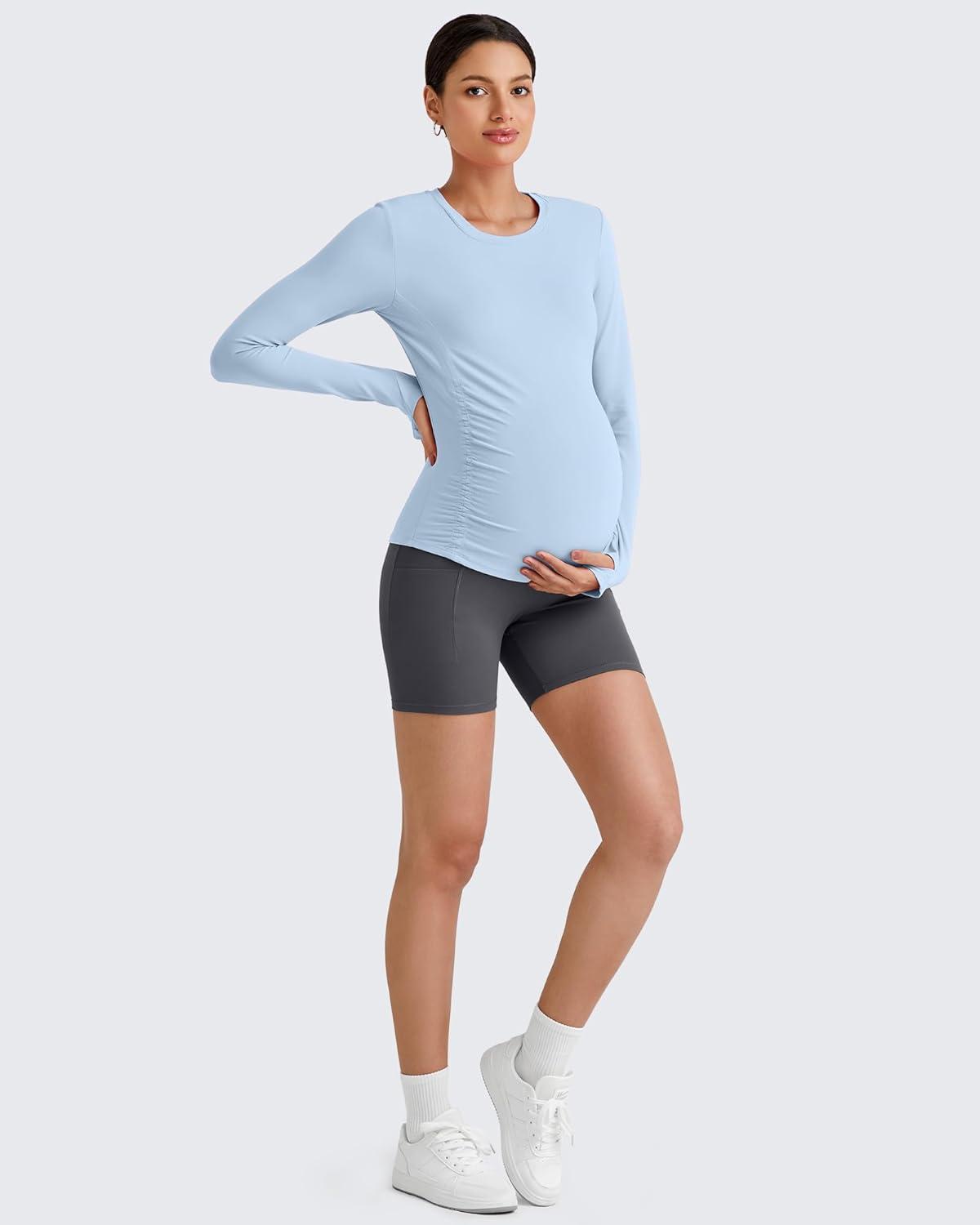 imageG4Free BareFeel Maternity Long Sleeve T Shirts Crewneck Ruches Pregnancy Workout Tops with Thumbholes Altheltic Yoga TeeLight Denim
