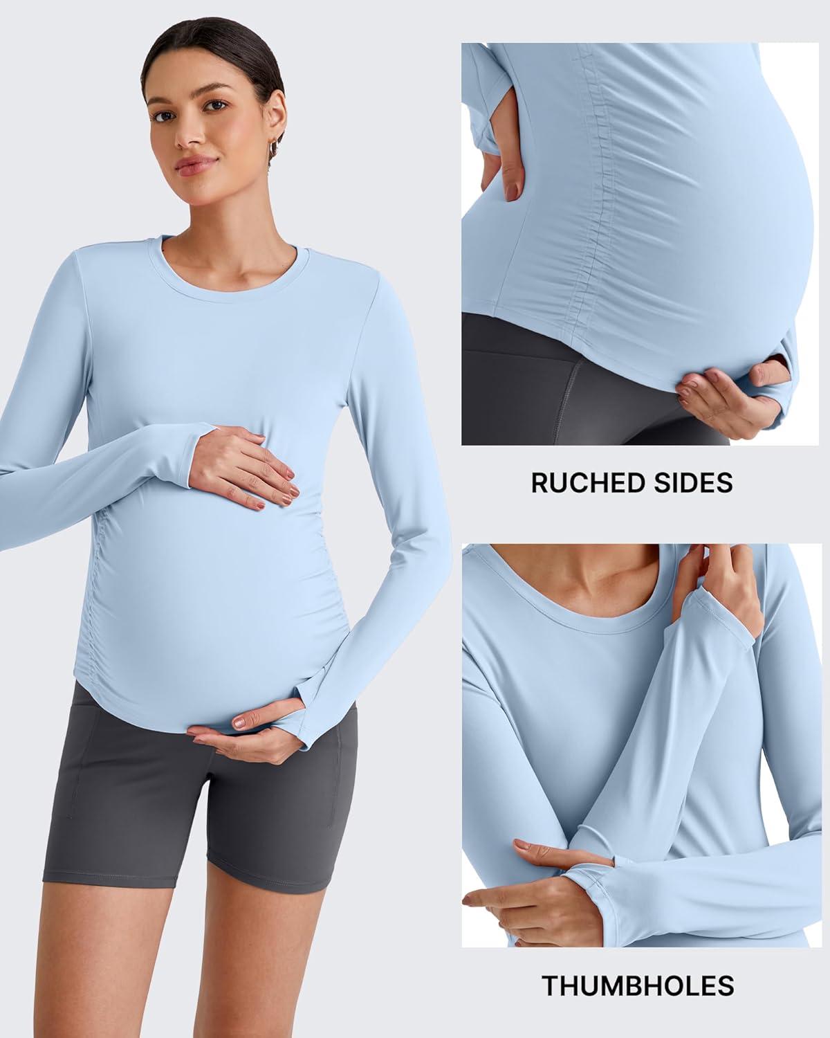 imageG4Free BareFeel Maternity Long Sleeve T Shirts Crewneck Ruches Pregnancy Workout Tops with Thumbholes Altheltic Yoga TeeLight Denim
