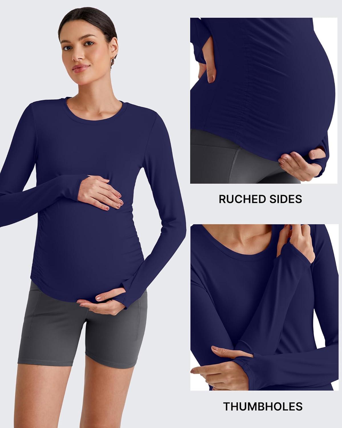 imageG4Free BareFeel Maternity Long Sleeve T Shirts Crewneck Ruches Pregnancy Workout Tops with Thumbholes Altheltic Yoga TeeRoyal Blue