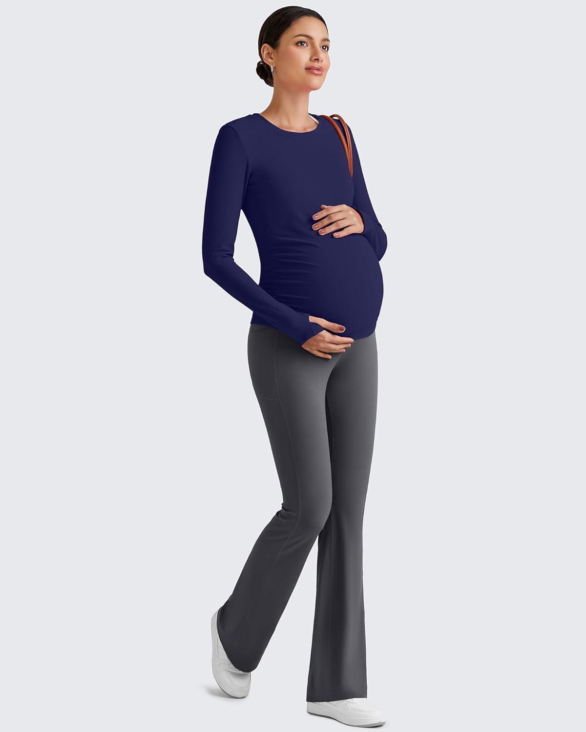 imageG4Free BareFeel Maternity Long Sleeve T Shirts Crewneck Ruches Pregnancy Workout Tops with Thumbholes Altheltic Yoga TeeRoyal Blue