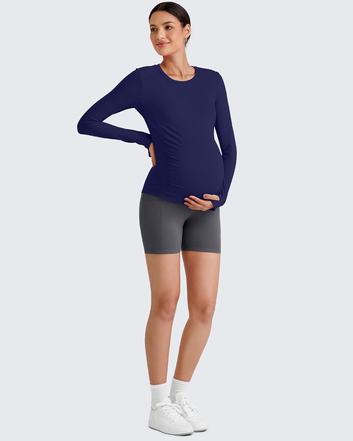 imageG4Free BareFeel Maternity Long Sleeve T Shirts Crewneck Ruches Pregnancy Workout Tops with Thumbholes Altheltic Yoga TeeRoyal Blue