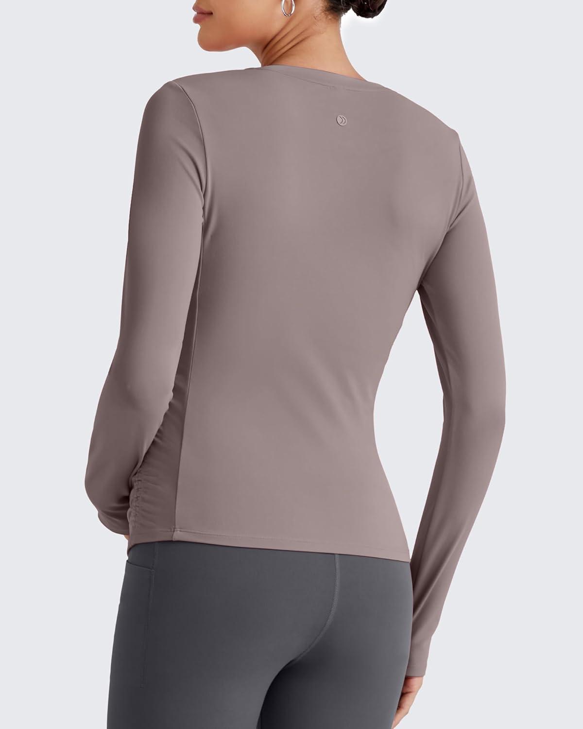 imageG4Free BareFeel Maternity Long Sleeve T Shirts Crewneck Ruches Pregnancy Workout Tops with Thumbholes Altheltic Yoga TeeTaupe