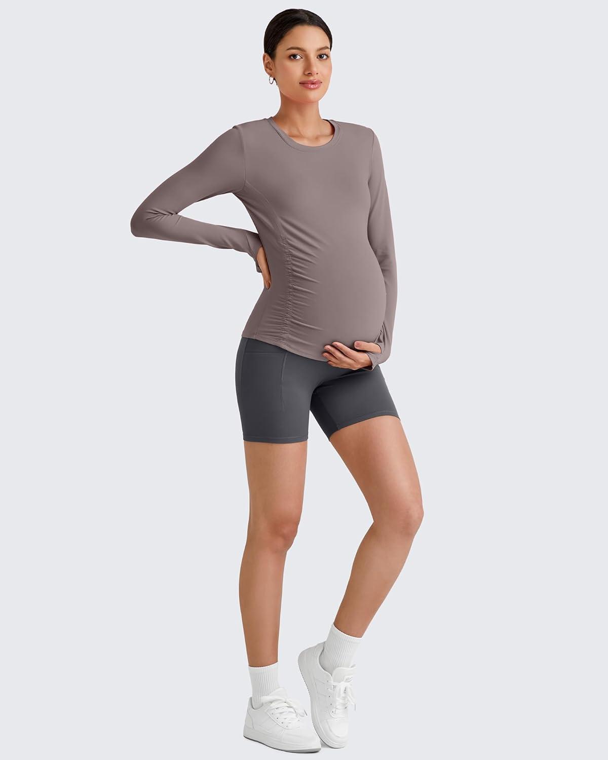imageG4Free BareFeel Maternity Long Sleeve T Shirts Crewneck Ruches Pregnancy Workout Tops with Thumbholes Altheltic Yoga TeeTaupe