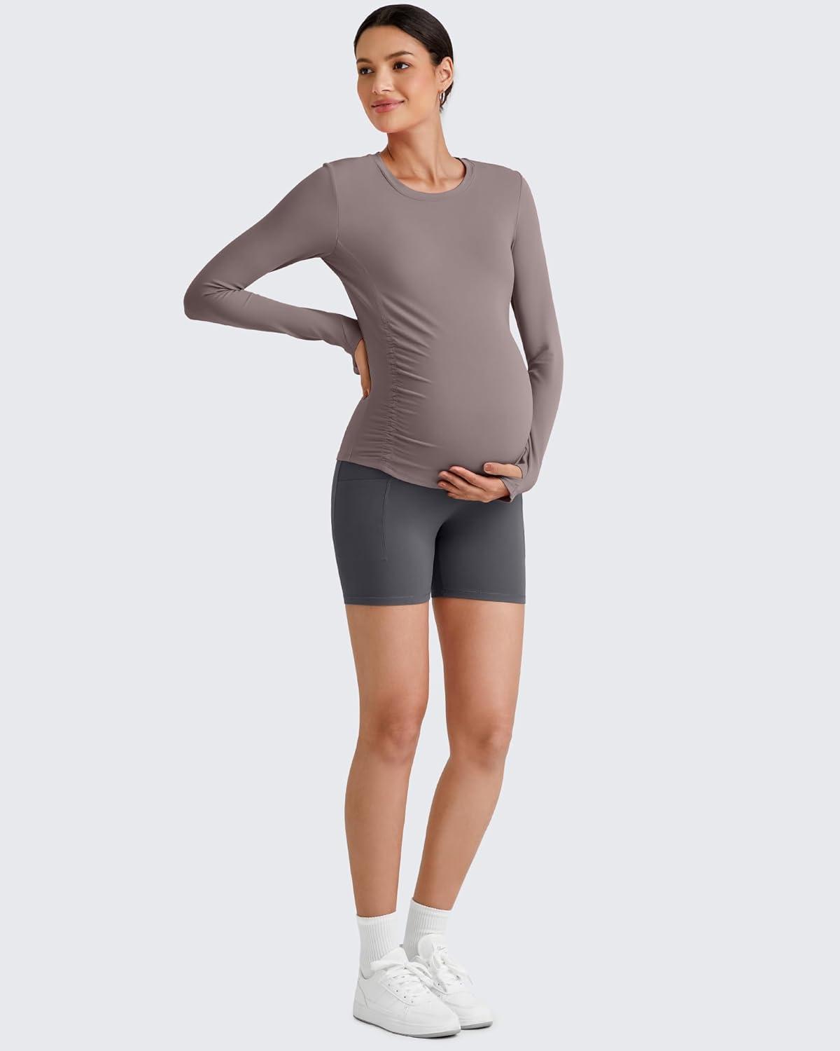 imageG4Free BareFeel Maternity Long Sleeve T Shirts Crewneck Ruches Pregnancy Workout Tops with Thumbholes Altheltic Yoga TeeTaupe