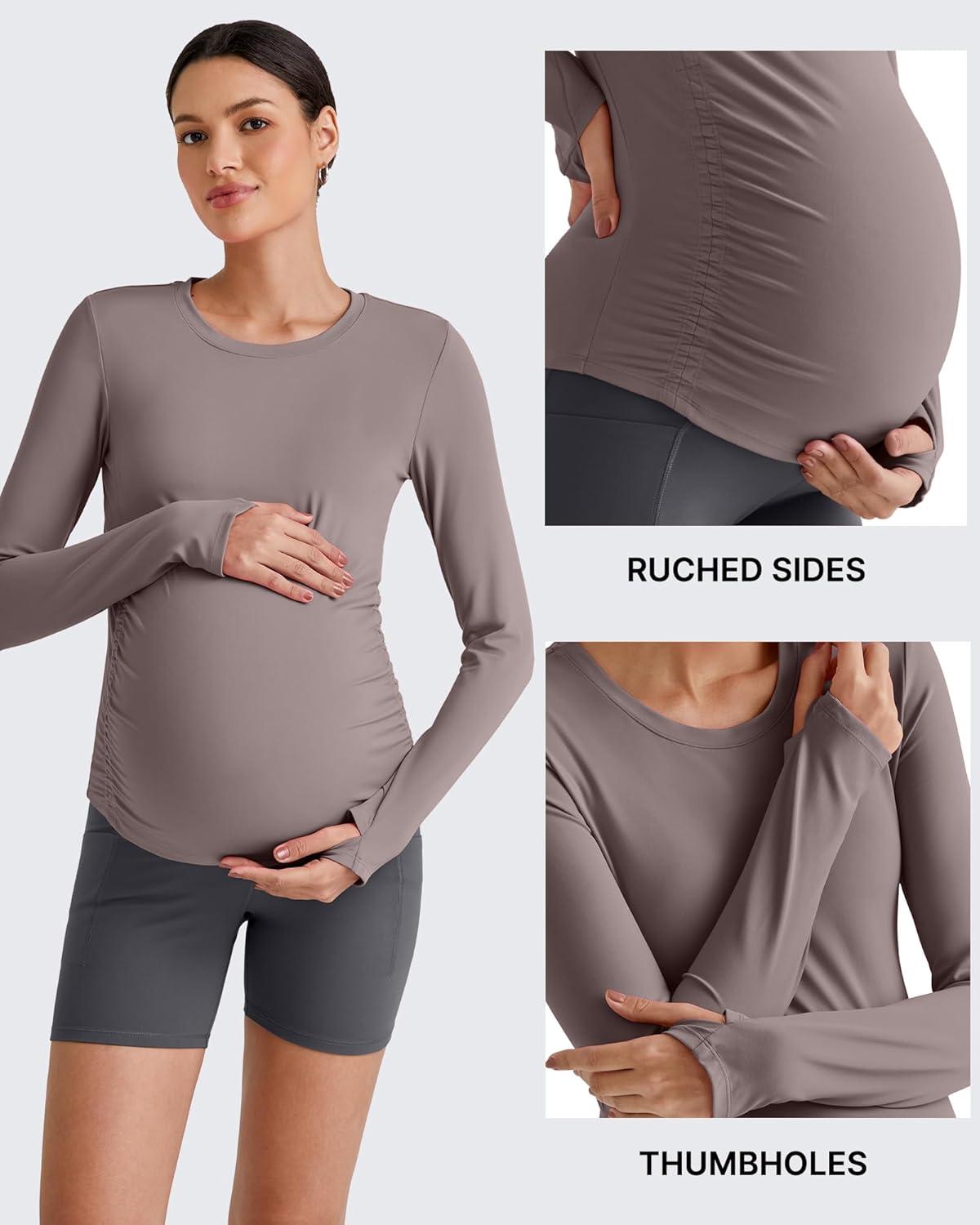 imageG4Free BareFeel Maternity Long Sleeve T Shirts Crewneck Ruches Pregnancy Workout Tops with Thumbholes Altheltic Yoga TeeTaupe