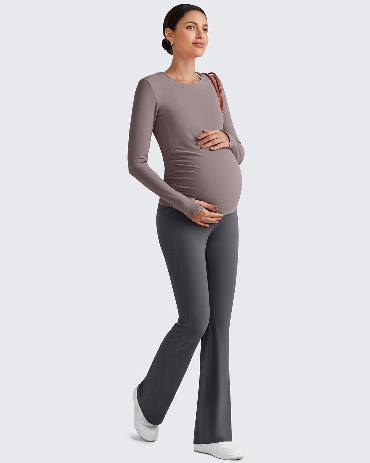 imageG4Free BareFeel Maternity Long Sleeve T Shirts Crewneck Ruches Pregnancy Workout Tops with Thumbholes Altheltic Yoga TeeTaupe