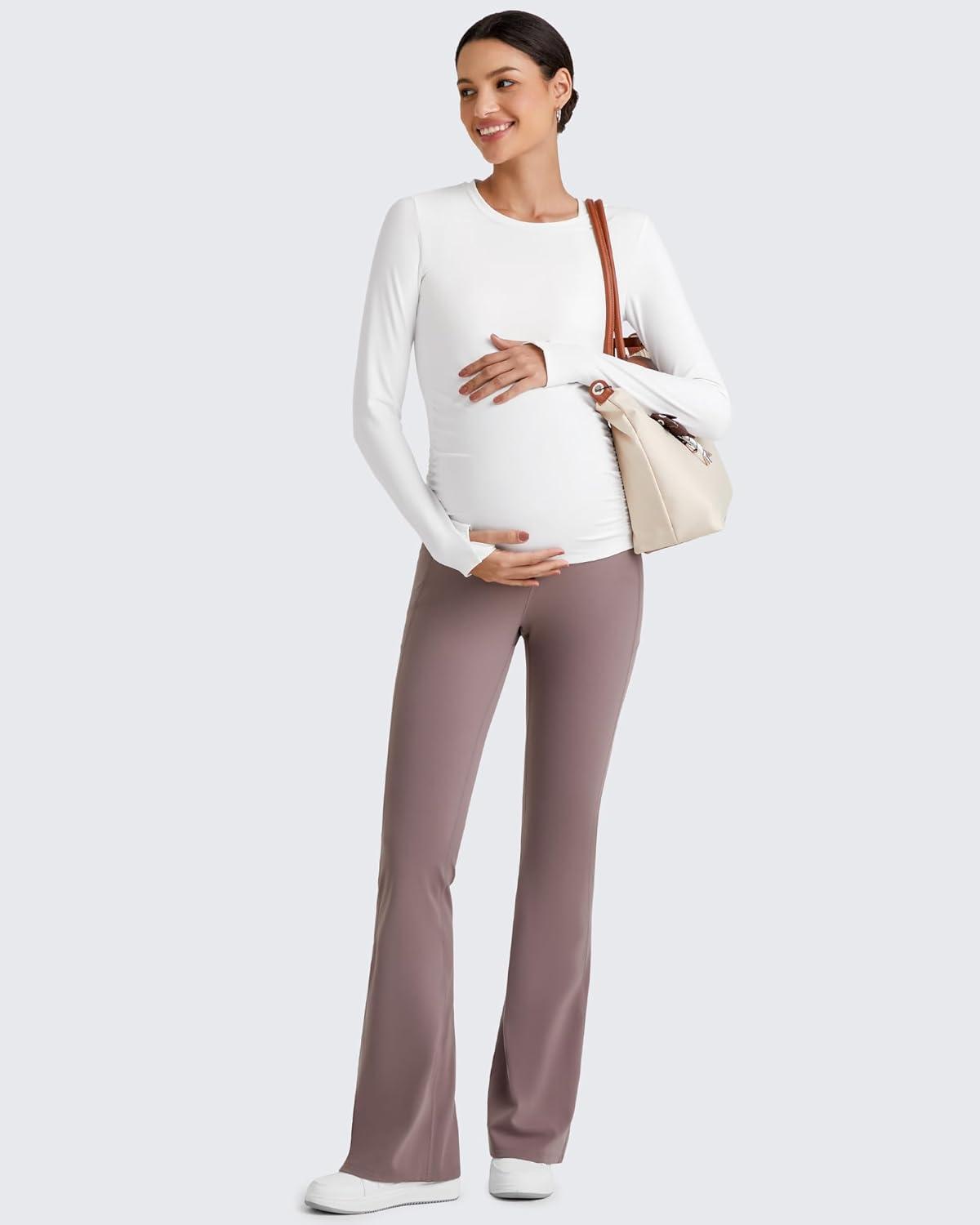 imageG4Free BareFeel Maternity Long Sleeve T Shirts Crewneck Ruches Pregnancy Workout Tops with Thumbholes Altheltic Yoga TeeWhite