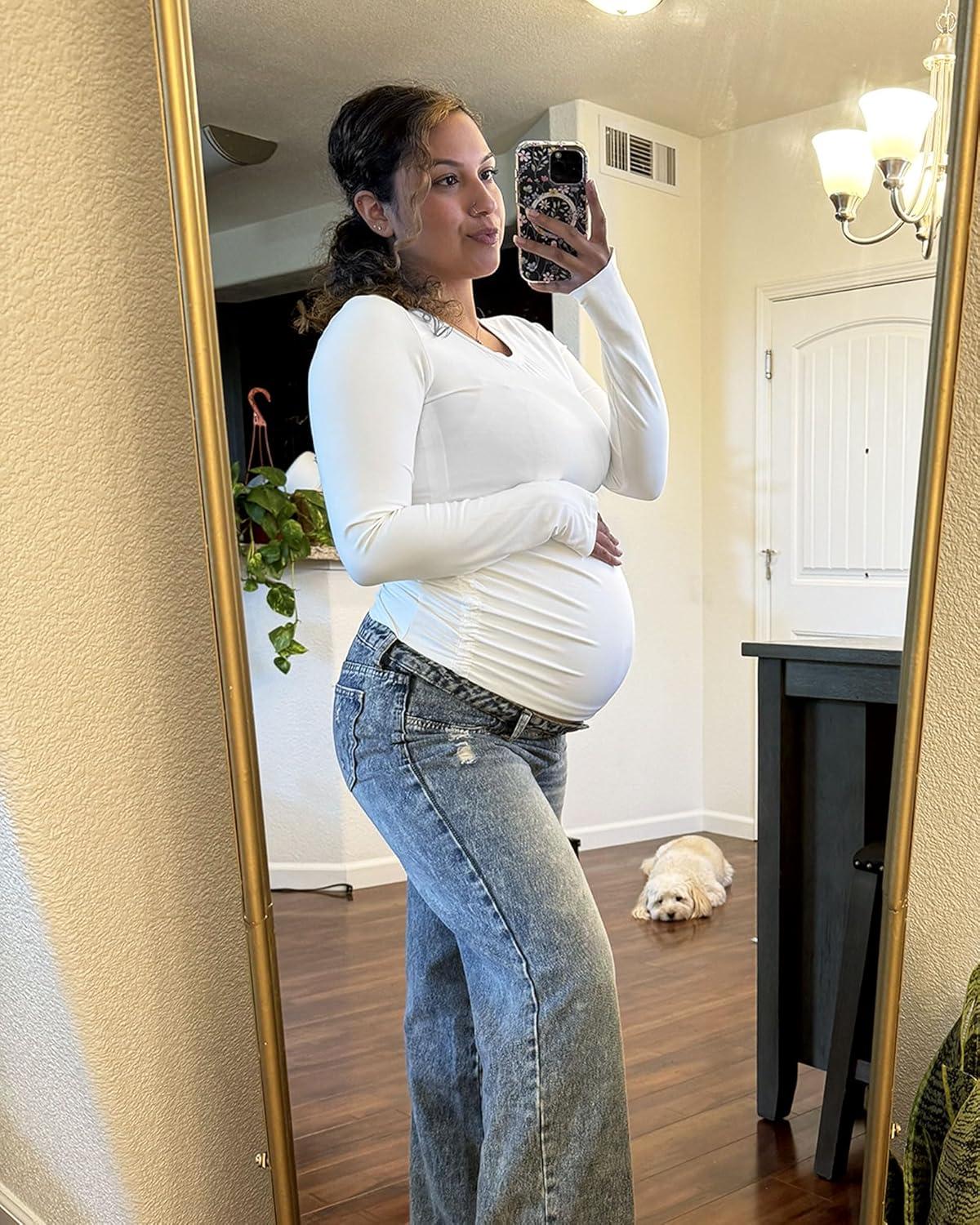 imageG4Free BareFeel Maternity Long Sleeve T Shirts Crewneck Ruches Pregnancy Workout Tops with Thumbholes Altheltic Yoga TeeWhite