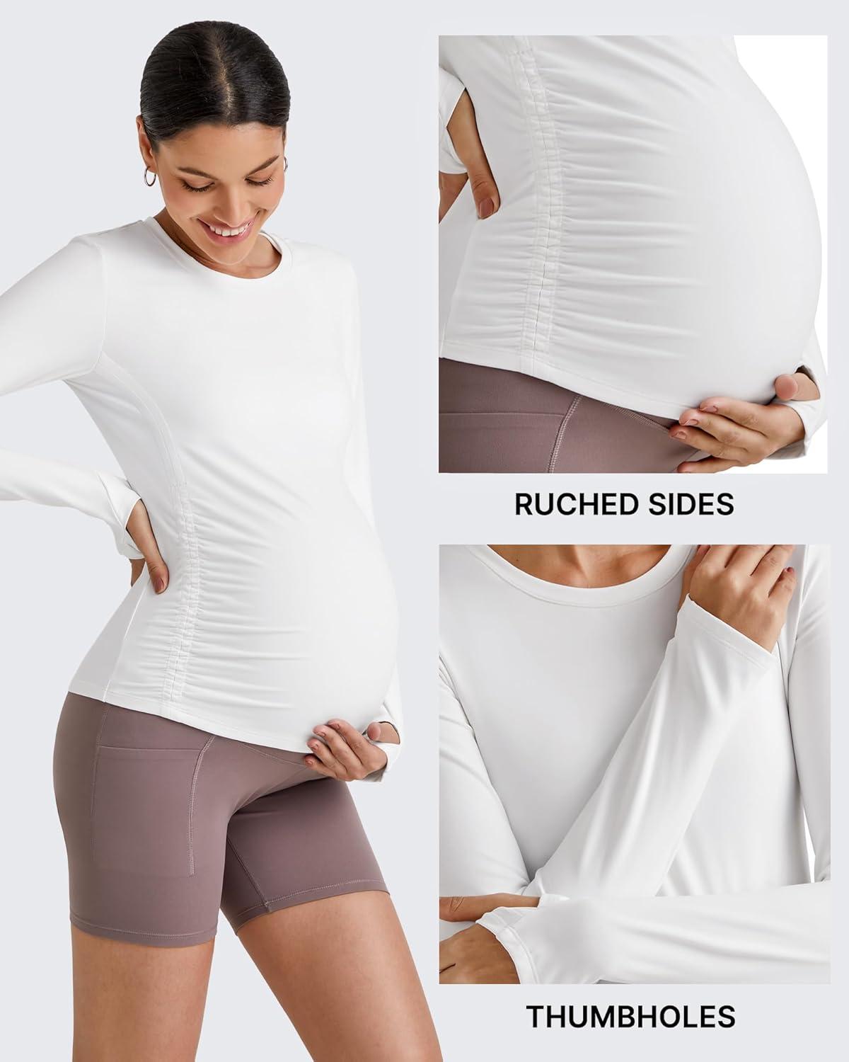 imageG4Free BareFeel Maternity Long Sleeve T Shirts Crewneck Ruches Pregnancy Workout Tops with Thumbholes Altheltic Yoga TeeWhite