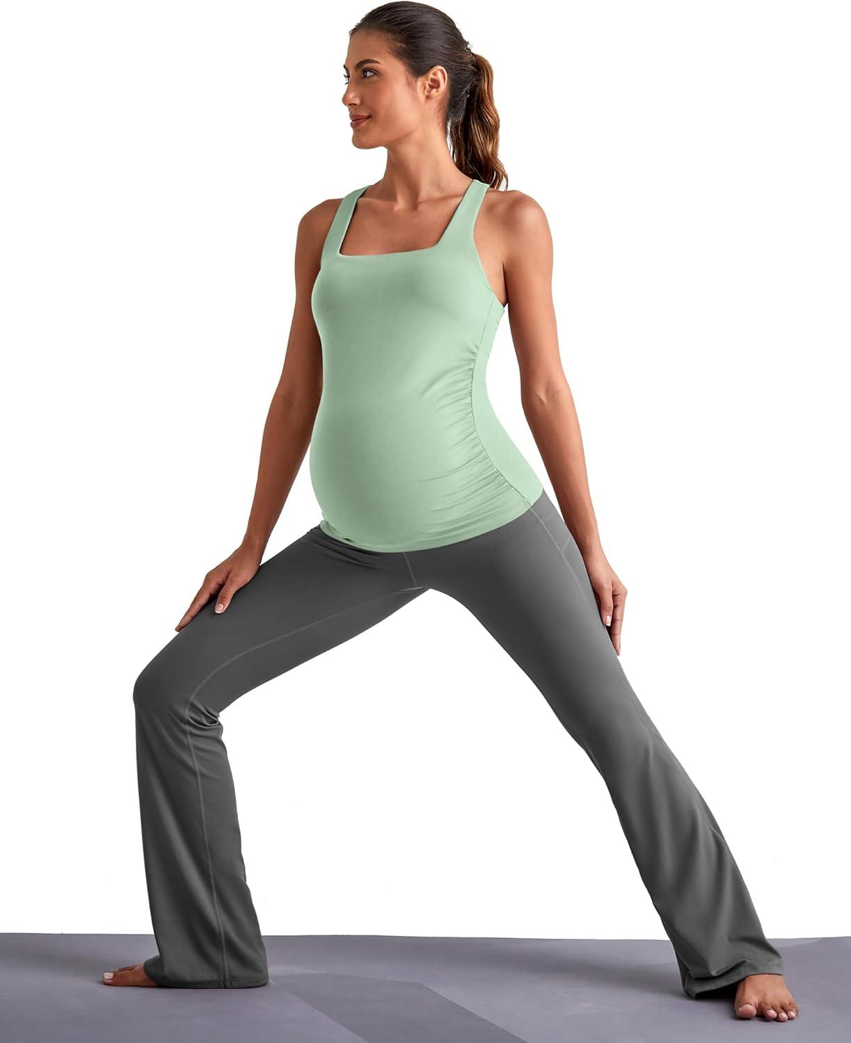imageG4Free BareFeel Maternity Racerback Tank Tops with Built in Bra Ruched Sleeveless Square Neck Pregnancy Yoga Workout ShirtsBean Green
