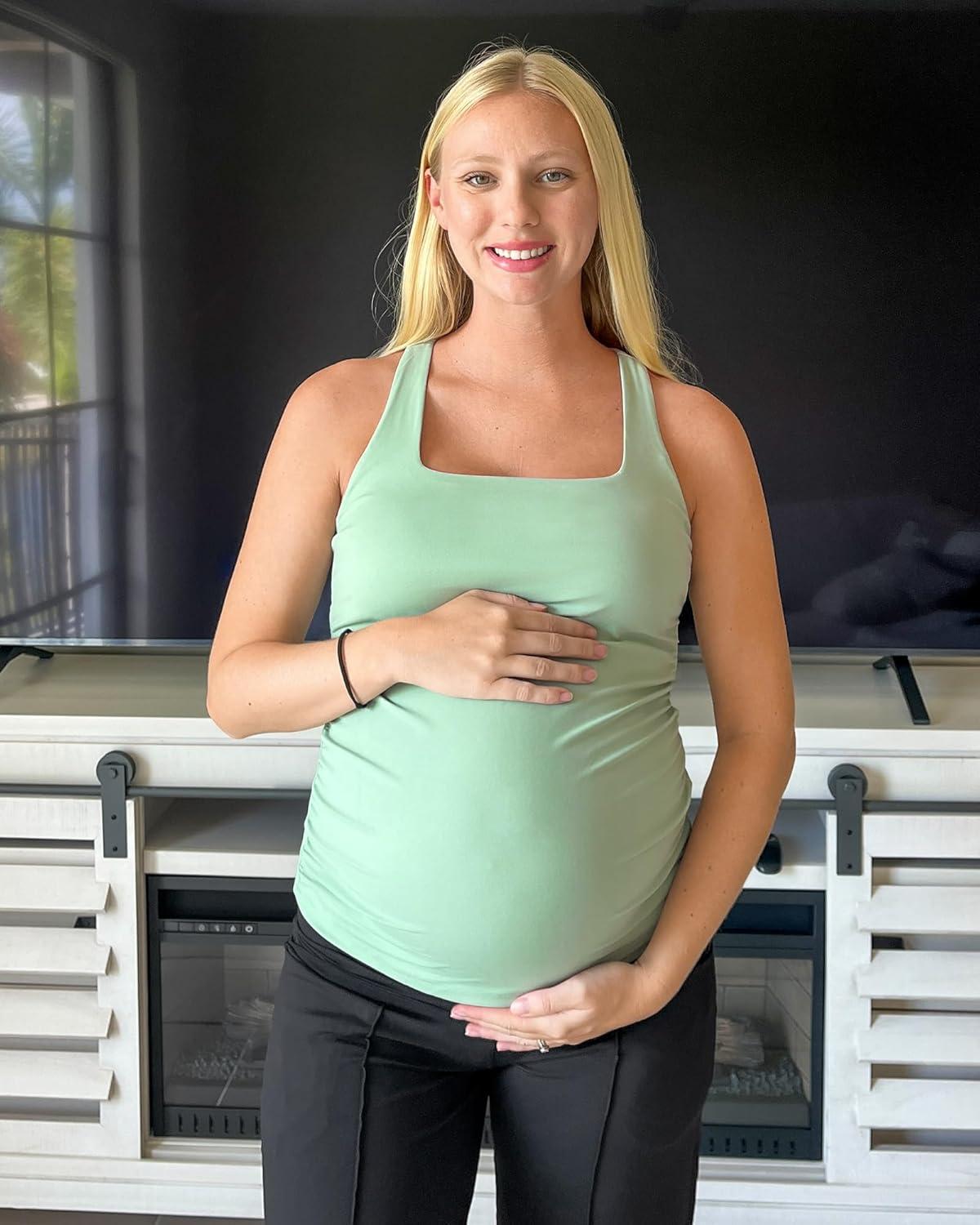 imageG4Free BareFeel Maternity Racerback Tank Tops with Built in Bra Ruched Sleeveless Square Neck Pregnancy Yoga Workout ShirtsBean Green