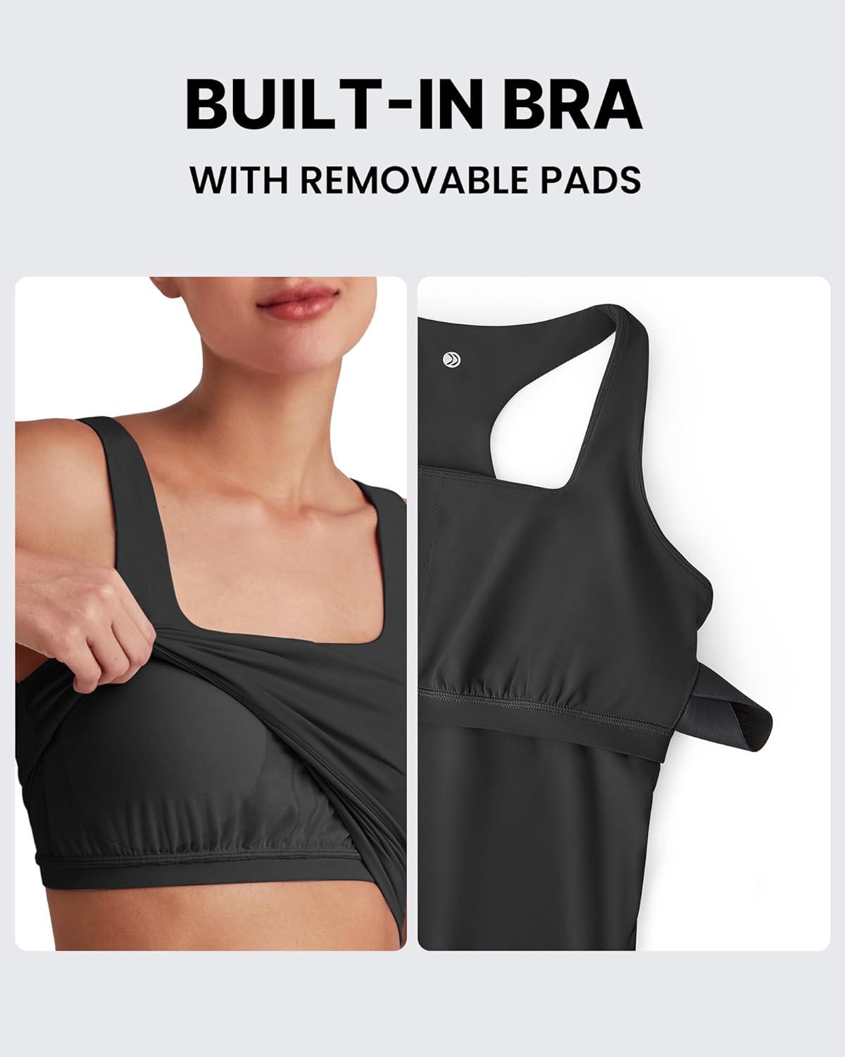 imageG4Free BareFeel Maternity Racerback Tank Tops with Built in Bra Ruched Sleeveless Square Neck Pregnancy Yoga Workout ShirtsBlack